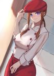 1girl apron bangs blue_eyes breasts brown_hair chef chef_hat chef_uniform commentary_request go-toubun_no_hanayome gomashiwo_o hair_between_eyes hat highres holding holding_hat indoors large_breasts medium_hair nakano_miku red_headwear waist_apron 