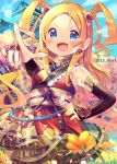  1girl :d bangs bare_shoulders blonde_hair blue_eyes blue_sky blurry blurry_foreground blush breasts bridal_gauntlets building clouds commentary_request day depth_of_field field fingernails flower flower_field forehead hair_ornament hand_on_hip highres ikari_(aor3507) japanese_clothes kimono long_hair nail_polish obi open_mouth original outdoors outstretched_arm parted_bangs pointing red_kimono red_nails sash sky sleeveless sleeveless_kimono small_breasts smile solo standing tree twitter_username two_side_up v-shaped_eyebrows very_long_hair yellow_flower 