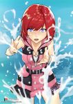  1girl :d bracelet cowboy_shot disney hair_between_eyes jacket jewelry kairi_(kingdom_hearts) kingdom_hearts kingdom_hearts_iii leaning_forward looking_at_viewer miniskirt necklace open_mouth patreon_logo pink_jacket redhead shiny shiny_hair short_hair skirt sleeveless_jacket smile solo splash splashing square_enix standing violet_eyes wading watermark wristband yf_studio 