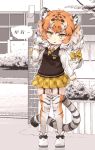 1girl animal_ears black_hair bow garter_straps hair_bow highres kemono_friends kolshica long_hair multicolored_hair necktie orange_hair orange_legwear siberian_tiger_(kemono_friends) solo tail thigh-highs tiger_ears white_hair white_legwear yellow_bow yellow_neckwear