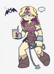  1boy armor bat belt blonde_hair blue_eyes cape castlevania chibi denaseey drink gloves headband highres long_hair male_focus muscle short_hair simon_belmondo simple_background solo super_smash_bros. weapon whip 