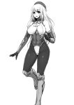  1girl atago_(kantai_collection) black_gloves blonde_hair bodysuit breasts gloves hat ishimiso_(ishimura) kantai_collection leotard monochrome simple_background skin_tight thigh-highs white_background 