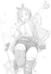  1girl atelier_(series) atelier_ryza boots bouncing_breasts breasts capelet commentary greyscale hat himura_kiseki large_breasts monochrome reisalin_stout short_hair shorts staff thick_thighs thighs vial 