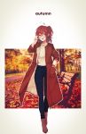  1girl :d absurdres adjusting_eyewear ahoge autumn black-framed_eyewear blue_pants boots brown_coat brown_eyes brown_footwear brown_hair coat fate/grand_order fate_(series) fujimaru_ritsuka_(female) full_body glasses hair_between_eyes hand_in_pocket highres looking_at_viewer marei_(mercy) open_clothes open_coat open_mouth pants short_hair side_ponytail smile solo standing sweater watch watch white_sweater 