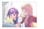  2girls bangs blunt_bangs blush braid day jacket long_hair looking_at_another looking_at_viewer multiple_girls necktie noword open_window original pink_hair purple_hair red_jacket red_neckwear school_uniform serafuku short_hair smile upper_body v white_sky window yuri 