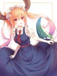  1girl :o absurdres bbeedol blue_dress breasts commentary_request dragon_girl dragon_horns dragon_tail dress fang floating_hair frills highres horns kobayashi-san_chi_no_maidragon long_hair looking_at_viewer maid_headdress medium_breasts necktie open_mouth orange_eyes orange_hair puffy_short_sleeves puffy_sleeves red_neckwear scales short_sleeves sidelocks skirt_hold slit_pupils solo tail tooru_(maidragon) twintails wing_collar 