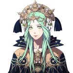  1girl bangs braid cape closed_mouth collarbone commentary dalachi_(headdress) face fire_emblem fire_emblem:_three_houses flower green_eyes green_hair hair_flower hair_ornament hair_over_shoulder high_collar kurahana_chinatsu long_hair looking_at_viewer official_art parted_bangs pink_lips rhea_(fire_emblem:_three_houses) simple_background smile solo transparent_background twin_braids upper_body 