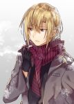  1boy abel_(shiro_seijo_to_kuro_bokushi) blonde_hair coat fang gloves kazutake_hazano long_hair male_focus scarf shiro_seijo_to_kuro_bokushi solo violet_eyes 