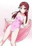  1girl blush breasts collarbone commentary_request covered_navel hair_ornament hairclip half_updo halftone halftone_background holding holding_towel long_hair looking_at_viewer love_live! love_live!_sunshine!! one-piece_swimsuit outline pink_background pink_swimsuit redhead sakurauchi_riko small_breasts smile solo swimsuit towel white_outline yellow_eyes yopparai_oni 