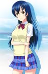  1girl arjend blue_hair blue_skirt blurry blurry_background bow bowtie closed_mouth collared_shirt cowboy_shot hair_between_eyes long_hair love_live! love_live!_school_idol_project miniskirt pleated_skirt red_bow red_neckwear school_uniform shadow shiny shiny_hair shirt short_sleeves skirt smile solo sonoda_umi standing striped striped_neckwear sweater_vest very_long_hair vest white_shirt wing_collar yellow_eyes yellow_vest 