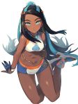  1girl bike_shorts black_hair blue_eyes blue_gloves blue_hair breasts dark_skin earrings from_above gloves guwatefu hoop_earrings jewelry long_hair looking_at_viewer medium_breasts midriff multicolored_hair navel partly_fingerless_gloves pokemon pokemon_(game) pokemon_swsh rurina_(pokemon) simple_background single_glove sitting solo sports_bra sportswear two-tone_hair white_background 