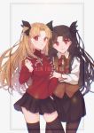  2girls absurdres black_bow black_legwear black_skirt blonde_hair bow breasts brown_hair character_name closed_mouth collared_shirt cosplay ereshkigal_(fate/grand_order) fate/grand_order fate/stay_night fate_(series) floating_hair hair_bow highres homurahara_academy_uniform ishtar_(fate/grand_order) long_hair looking_at_viewer marei_(mercy) medium_breasts miniskirt multiple_girls neck_ribbon pantyhose pleated_skirt red_eyes red_ribbon red_shirt ribbon shirt skirt smile standing thigh-highs toosaka_rin toosaka_rin_(cosplay) very_long_hair white_background white_shirt wing_collar zettai_ryouiki 