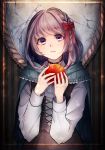  1girl absurdres apple aqua_capelet black_choker black_dress bow braid cape choker cracked dress food fruit hair_bow highres holding holding_food holding_fruit long_sleeves looking_at_viewer medium_hair mirror red_bow rubianeko snow_white snow_white_(grimm) solo standing violet_eyes 