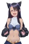 1girl animal_ears belly_button black_hair breasts brown_eyes cat_eyes cat_gloves cure_cosmo cure_cosmo_(cosplay) ijiranaide_nagatoro-san nagatoro_hayase parody precure reference seiyuu_connection seiyuu_joke star_twinkle_precure uesaka_sumire voice_actor_connection voice_actor_joke voice_actress_connection white_background yuni_(precure)