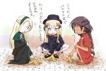  3girls :d abigail_williams_(fate/grand_order) banana_peel bangs black_bow black_dress black_footwear black_headwear blonde_hair bloomers blue_eyes bow braid brown_footwear brown_hair bug butterfly character_request commentary_request dark_skin dress earrings fate/grand_order fate_(series) gerda_(fate) green_eyes green_hairband hair_bow hairband hat highres insect jewelry long_hair long_sleeves mary_janes multiple_girls neon-tetora open_mouth orange_bow parted_bangs polka_dot polka_dot_bow profile red_dress shoes short_sleeves sleeves_past_fingers sleeves_past_wrists smile spread_legs squatting underwear very_long_hair white_bloomers 