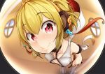  1girl aki_(akikaze_asparagus) andira_(granblue_fantasy) animal_ears bangs blonde_hair closed_mouth collarbone commentary_request covered_nipples detached_sleeves eyebrows_visible_through_hair fisheye granblue_fantasy indoors leaning_forward looking_at_viewer monkey_ears red_eyes smile solo standing thigh-highs twintails two_side_up 