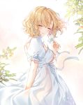  1girl :d ^_^ arm_behind_back bangs blonde_hair blush breasts closed_eyes day dress eyebrows_visible_through_hair flower hair_ribbon holding holding_flower medium_breasts open_mouth original outdoors pingo puffy_short_sleeves puffy_sleeves ribbon short_hair short_sleeves sidelocks smile tress_ribbon wavy_hair white_dress white_flower white_ribbon wind 