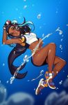  1girl air_bubble arm_up armlet armpits black_hair blue_background blue_eyes blue_hair bubble dark_skin earrings full_body gloves hair_bun highres hoop_earrings jewelry lips long_hair looking_at_viewer multicolored_hair navel necklace parted_lips poke_ball pokemon pokemon_(game) pokemon_swsh qt0ri rurina_(pokemon) sandals single_glove solo streaked_hair swimsuit tankini two-tone_hair underwater 