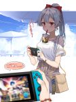  1girl absurdres bag bangs beach_umbrella bird blue_sky blush brown_skirt bubble_tea bubble_tea_challenge chain chair clouds commentary_request contemporary covered_nipples drinking_straw earrings fate/grand_order fate_(series) gold_chain hair_ribbon handbag highres jewelry long_hair looking_at_viewer merlin_(fate) meta nintendo_switch outside_border pov pov_hands red_eyes red_ribbon ribbon sesshouin_kiara shirt silver_hair skirt sky slit_pupils tamamo_(fate)_(all) tamamo_no_mae_(fate) tomoe_gozen_(fate/grand_order) translated tsukino_(nakajimaseiki) twitter_username umbrella very_long_hair watch white_shirt wristband 