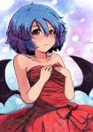  1girl abstract_background alternate_costume bare_arms bare_shoulders bat_wings blue_background blue_hair blush breasts commentary_request dress embarrassed gradient gradient_background hair_between_eyes hands_on_own_chest light_frown looking_at_viewer no_hat no_headwear purple_background red_dress remilia_scarlet short_hair small_breasts solo standing strapless strapless_dress sweatdrop touhou weather_(hamamurataka) wings 