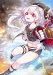  1girl absurdres azur_lane bangs beret eyebrows_visible_through_hair fire gloves hair_between_eyes hat highres iron_cross long_hair midriff navel ocean open_mouth pink_eyes rigging shorts silver_hair smoke solo strap violet_eyes waka_nantoka white_gloves z1_leberecht_maass_(azur_lane) 