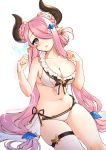  1girl bikini blue_eyes blush breasts bug butterfly draph earrings granblue_fantasy hair_ornament hair_over_one_eye highres horns insect jewelry large_breasts lio_(tsukuyomi-tei) long_hair narmaya_(granblue_fantasy) navel pink_hair pointy_ears simple_background single_thighhigh sitting solo swimsuit thigh-highs very_long_hair white_background white_bikini 