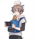  1boy backpack bag brown_hair bubble_tea bubble_tea_challenge commentary drawstring drinking_straw english_commentary game_console holding hood hood_down hoodie long_sleeves looking_at_viewer male_focus nagu nintendo_switch original pants short_hair short_over_long_sleeves short_sleeves signature simple_background upper_body violet_eyes white_background 