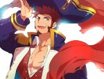  1boy beard blue_eyes brown_hair cape chest epaulettes facial_hair fate/grand_order fate_(series) hat holding holding_hat large_hat long_sleeves looking_at_viewer male_focus military military_uniform napoleon_bonaparte_(fate/grand_order) open_mouth rondo_(poccal) scar simple_background smile solo teeth uniform 