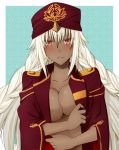  1girl blush braid breasts brown_eyes dark_skin fate/grand_order fate_(series) hasebe_akira hat lakshmibai_(fate/grand_order) long_hair medium_breasts naked_coat white_hair 