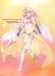  1girl angel_wings anna_lee breasts bridal_gauntlets commentary commission crop_top english_commentary feathered_wings gloves gradient_eyes gradient_hair halo jibril_(no_game_no_life) long_hair looking_at_viewer low_wings magic_circle medium_breasts midriff mismatched_legwear multicolored multicolored_eyes multicolored_hair navel no_game_no_life pink_eyes pink_hair shoes single_shoe smile solo tattoo twitter_username very_long_hair white_wings wing_ears wings yellow_eyes 