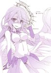  1girl angel_wings crop_top cross evil_grin evil_smile feathered_wings gloves grin halo jibril_(no_game_no_life) long_hair looking_at_viewer low_wings magic_circle midriff minazoi_kuina monochrome navel no_game_no_life smile solo symbol-shaped_pupils twitter_username very_long_hair wing_ears wings 