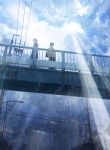  2boys bag bridge brown_hair cardigan clouds cloudy_sky from_below highres lamppost light_rays male_focus multiple_boys nakamura_yukihiro necktie original power_lines rain school_bag short_hair sky telephone_pole 