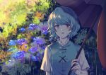  1girl bangs blue_eyes blue_flower blue_hair blue_vest blush eyebrows_visible_through_hair flower heterochromia highres holding holding_umbrella open_mouth outdoors purple_umbrella rain red_eyes shirt short_hair short_sleeves solo tatara_kogasa tongue touhou umbrella upper_body uranaishi_(miraura) vest white_shirt 