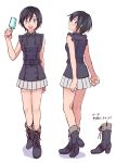  1girl belt black_footwear black_hair blue_eyes boots food frilled_sleeves frills full_body high_heel_boots high_heels kingdom_hearts kingdom_hearts_iii light_blush looking_at_viewer looking_back multiple_views ongr123 open_mouth popsicle short_hair simple_background skirt sleeveless smile solo white_background white_skirt xion_(kingdom_hearts) 
