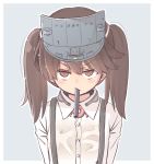  1girl bangs blush brown_eyes brown_hair closed_mouth commentary_request drinking_straw eyebrows_visible_through_hair flat_chest fujisaki_yuu hair_between_eyes hair_ornament holding kantai_collection looking_at_viewer mouth_hold ryuujou_(kantai_collection) simple_background solo standing tawawa_challenge twintails upper_body visor_cap wet 