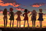  6+girls black_hair black_legwear blonde_hair boots brown_footwear brown_hair chika_(kouya_no_kotobuki_hikoutai) clouds dodo_(bird) emma_(kouya_no_kotobuki_hikoutai) facing_away gradient_sky green_skirt grey_hair grey_shorts hair_bun hands_on_hips jacket kate_(kouya_no_kotobuki_hikoutai) kirie_(kouya_no_kotobuki_hikoutai) kouya_no_kotobuki_hikoutai leona_(kouya_no_kotobuki_hikoutai) long_hair long_sleeves looking_afar midriff multiple_girls pink_skirt re_i777 red_jacket red_skirt redhead shading_face short_hair shorts skirt sky standing sunset thigh-highs thigh_boots twintails yellow_skirt zara_(kouya_no_kotobuki_hikoutai) 