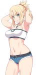  1girl bangs bare_shoulders belt black_belt blonde_hair blush braid breasts commentary_request eyebrows_visible_through_hair fate/apocrypha fate_(series) green_eyes hair_ornament jewelry long_hair looking_at_viewer medium_breasts mordred_(fate) mordred_(fate)_(all) navel necklace ponytail scrunchie shiseki_hirame shorts simple_background solo white_background 