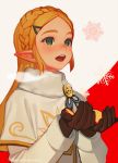 1girl :d blonde_hair blush braid breath brown_gloves capelet christmas crown_braid earrings forehead gloves green_eyes hairband jewelry long_hair long_sleeves mimme_(haenakk7) open_mouth pointy_ears princess_zelda santa_costume smile snowflakes solo the_legend_of_zelda the_legend_of_zelda:_breath_of_the_wild thick_eyebrows twitter_username upper_body white_capelet winter_clothes 