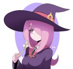 1girl artist_name bigdead black_neckwear breasts collar eyeshadow hair_over_one_eye half-closed_eyes hat hat_ribbon highres holding_mushroom lavender_hair little_witch_academia long_hair long_sleeves makeup medium_breasts mushroom necktie outline red_eyes red_ribbon ribbon solo sucy_manbavaran upper_body white_outline witch witch_hat 