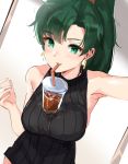  1girl arm_up bangs bare_arms bare_shoulders black_sweater blush breasts bubble_tea_challenge cup cute disposable_cup dress drinking drinking_straw earrings eyebrows_visible_through_hair fingernails fire_emblem fire_emblem:_rekka_no_ken green_eyes green_hair hand_up highres intelligent_systems jewelry long_hair looking_at_viewer lyndis_(fire_emblem) medium_breasts meme nintendo object_on_breast ormille ponytail ribbed_sweater sleeveless smile solo sweater sweater_dress 