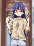  1girl blue_hair blurry blurry_background brown_eyes bubble_tea_challenge cellphone denim drinking_straw eyebrows_visible_through_hair highres holding holding_cellphone holding_phone idolmaster idolmaster_(classic) jeans kisaragi_chihaya long_hair pants phone re_hankkwo shirt sketch striped striped_shirt wet wet_clothes wet_pants wet_shirt 