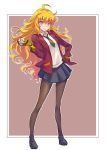  1girl ahoge blazer blonde_hair breasts full_body highres iesupa jacket large_breasts long_hair necktie pantyhose poke_ball pokemon pokemon_swsh prosthesis prosthetic_arm rwby shirt skirt solo unnamed_girl_(pokemon_swsh) violet_eyes wavy_hair yang_xiao_long 