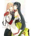  2girls black_gloves black_hair blonde_hair border bridal_gauntlets capelet celtic_knot commentary cross detached_sleeves dress furisode gloves graf_zeppelin_(kantai_collection) green_dress green_eyes grey_eyes hair_between_eyes hair_ribbon hair_tubes hakama heart hug iron_cross jacket japanese_clothes kantai_collection kimono letterboxed long_hair low-tied_long_hair miko military military_uniform miniskirt mizuho_(kantai_collection) multicolored multicolored_background multiple_girls necktie obi ribbon sash sidelocks skirt tsurime twintails uniform very_long_hair weidashming white_border yuri 