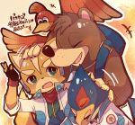  1girl 3boys animal animal_ears backpack bag banjo-kazooie banjo_(banjo-kazooie) banjo_to_kazooie_no_daibouken bear bird blue_eyes blush brown_hair closed_eyes company_connection crossover falco_lombardi feathers fox fox_mccloud furry gloves green_eyes hawk highres hug kazooie_(banjo-kazooie) looking_at_viewer male_focus microsoft multiple_boys nintendo no_humans open_mouth rareware rushin short_hair simple_background smile specie_connection star_fox star_fox_adventures super_smash_bros. super_smash_bros._ultimate super_smash_bros_melee wings 