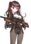  1girl bangs bipod black_legwear black_skirt blazer blush breasts bullpup eyebrows_visible_through_hair framed_breasts girls_frontline gloves gun hair_ribbon half_updo high-waist_skirt highres holding holding_gun holding_weapon jacket large_breasts lee_seok_ho long_hair looking_at_viewer necktie one_side_up pantyhose pelvic_curtain purple_hair red_eyes red_neckwear ribbon rifle shirt simple_background skirt sniper_rifle solo striped striped_shirt trigger_discipline very_long_hair wa2000_(girls_frontline) walther walther_wa_2000 weapon white_shirt 