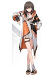  1girl absurdres ankle_boots boots brown_hair choker crossed_legs hand_in_pocket highres id_card jacket leaning_on_object looking_to_the_side medium_hair mixkechin mole mole_under_mouth orange_eyes original simple_background thigh_strap watson_cross 