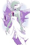  1girl between_legs black_sclera breasts gardevoir gen_1_pokemon gen_3_pokemon green_skin grin hair_over_one_eye half-closed_eyes hand_between_legs haunter legs_apart minashirazu no_humans open_mouth pokemon pokemon_(creature) red_eyes sharp_teeth small_breasts smile standing sweat teeth two-tone_skin white_skin yellow_eyes 