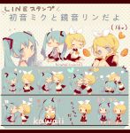  2girls @_@ aqua_eyes aqua_hair bare_shoulders blonde_hair blue_eyes blush bow character_sheet cheek-to-cheek chibi coco_(hinatacoco) commentary detached_sleeves food fruit hair_bow hair_ornament hairclip hands_on_own_cheeks hands_on_own_face hatsune_miku heart highres holding holding_phone hug kagamine_rin light_smile long_hair looking_at_viewer multiple_girls necktie orange phone polka_dot polka_dot_background shirt short_hair sleeveless sleeveless_shirt translated twintails very_long_hair vocaloid white_bow 