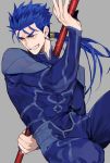  1boy armor blue_hair collar commentary costume earrings fate/stay_night fate_(series) gae_bolg holding holding_weapon jewelry lancer long_hair long_sleeves looking_to_the_side male_focus open_mouth polearm ponytail red_eyes shoulder_pads smile solo spear tatsuta_age teeth weapon 