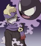  1boy bangs black_eyes black_sweater blonde_hair empty_eyes floating gastly gen_1_pokemon ghost gradient gradient_background grey_eyes gym_leader half-closed_eyes happy headband long_sleeves looking_at_another male_focus matsuba_(pokemon) minashirazu open_mouth pokemon pokemon_(creature) pokemon_(game) pokemon_hgss purple_background purple_headband purple_scarf ribbed_sweater scarf sharp_teeth short_hair simple_background smile smoke sweat sweater teeth turn_pale upper_body 